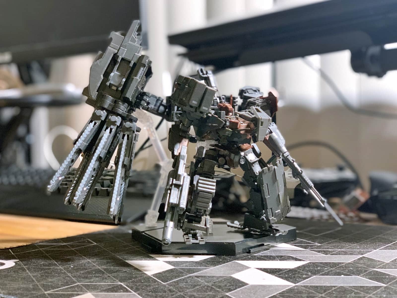 A assembled plastic model of a mecha from Armored Core V
