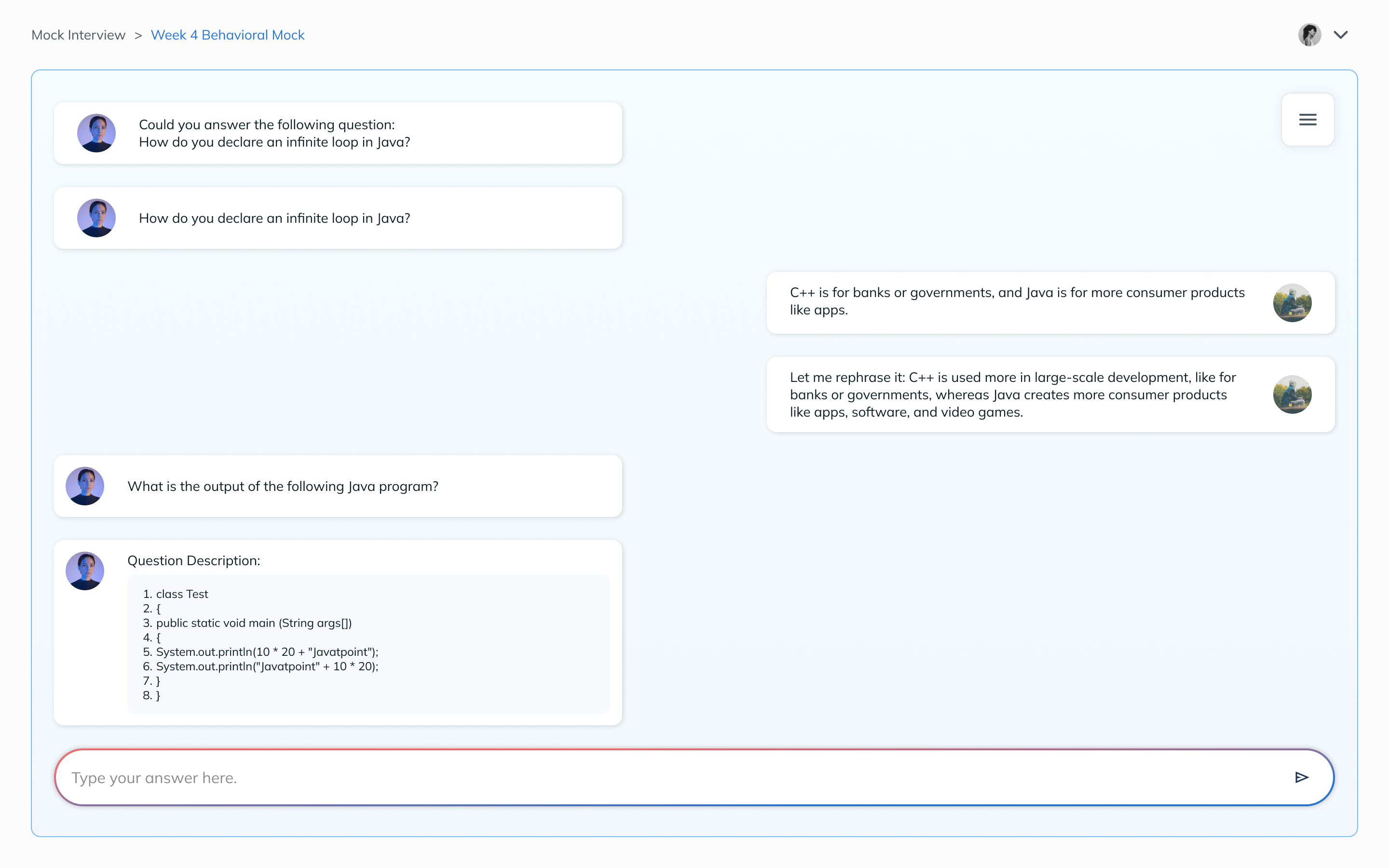 A chat screen for technical coding questions